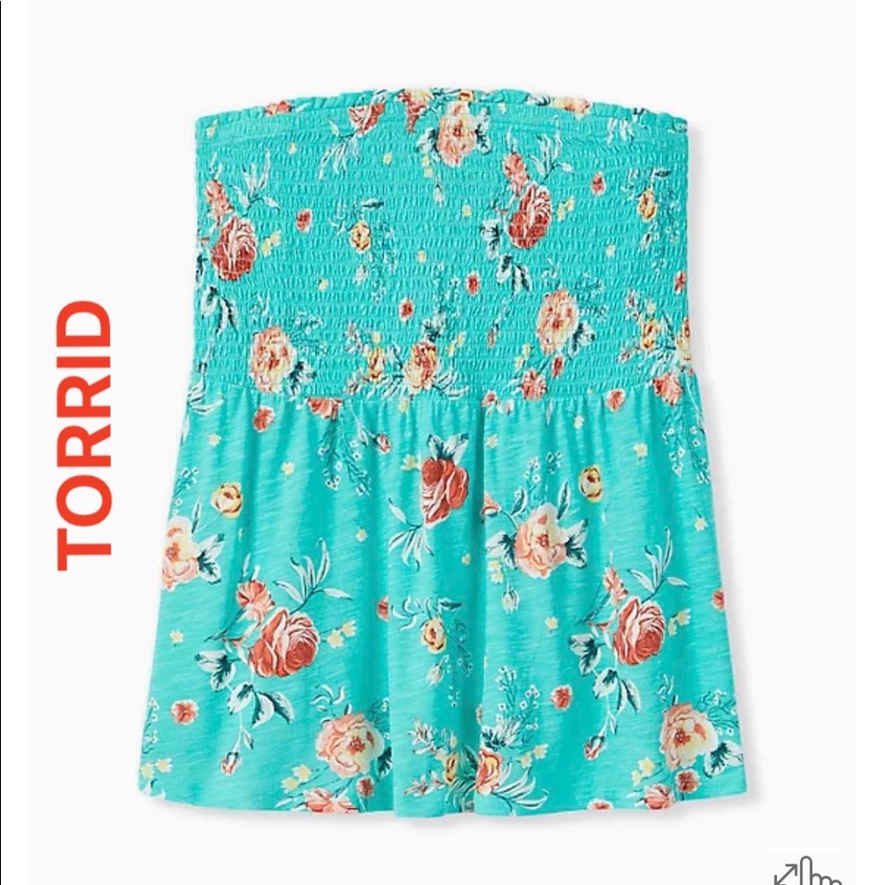 TORRID TURQUOISE FLORAL SLUB JERSEY STRAPLESS BABYDOLL TOP